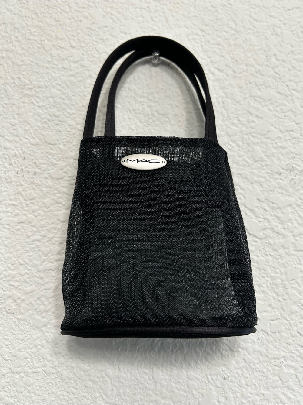 Vintage MAC Cosmetics Black Mesh Mini Tote Bag Makeup Pouch Y2K Oval Logo